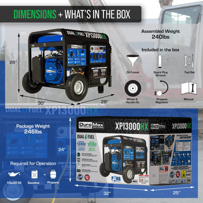 DuroMax XP13000HX Dual Fuel Portable Generator - 13000 Watt Gas or Propane Powered - Electric Start w/ CO Alert, 50 State Approved, Blue